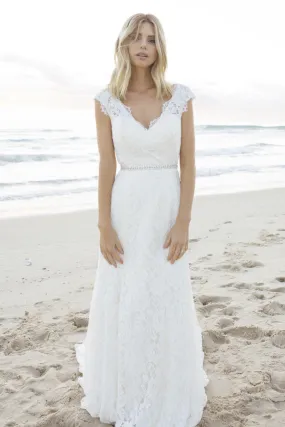 Boho A-line Elegant Lace Cap Sleeve Wedding Dress With V-neck And Keyhole-715749