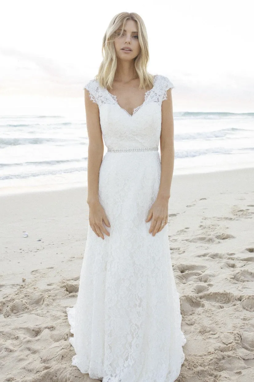 Boho A-line Elegant Lace Cap Sleeve Wedding Dress With V-neck And Keyhole-715749