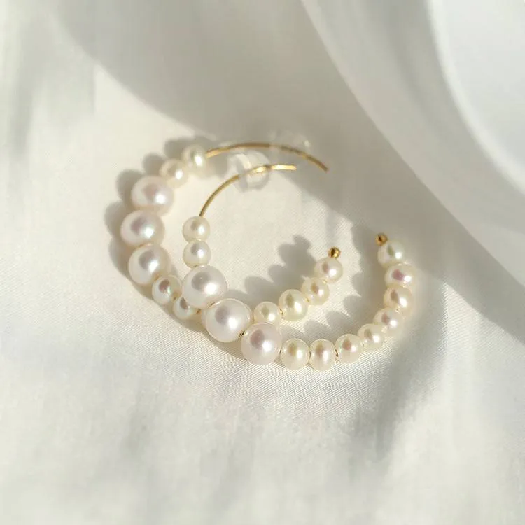 C Shape Pearl Hoops Earrings 14K Yellow Gold