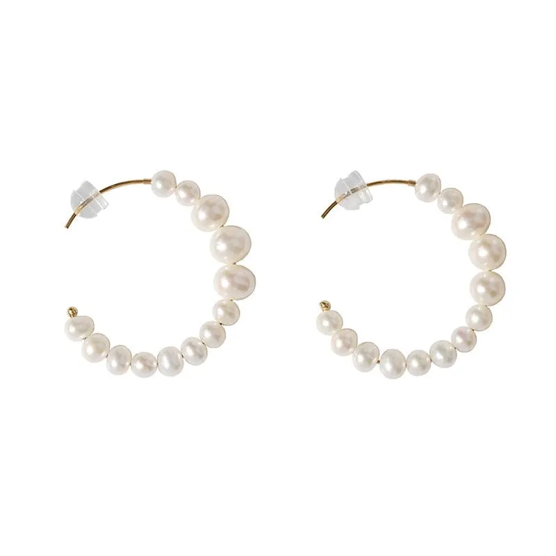 C Shape Pearl Hoops Earrings 14K Yellow Gold