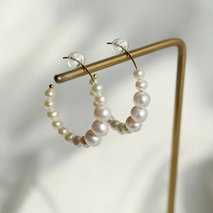 C Shape Pearl Hoops Earrings 14K Yellow Gold