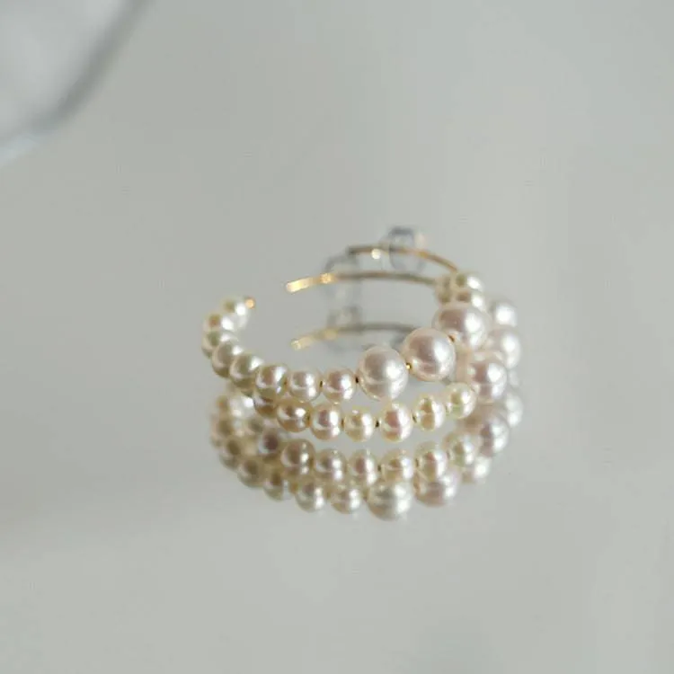 C Shape Pearl Hoops Earrings 14K Yellow Gold