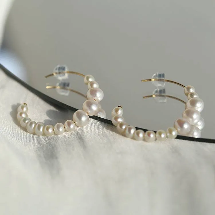 C Shape Pearl Hoops Earrings 14K Yellow Gold