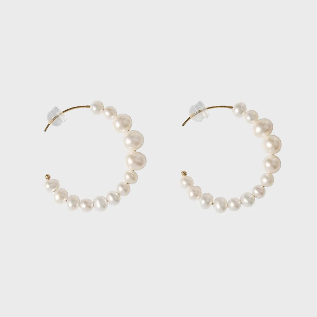 C Shape Pearl Hoops Earrings 14K Yellow Gold