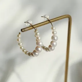 C Shape Pearl Hoops Earrings 14K Yellow Gold