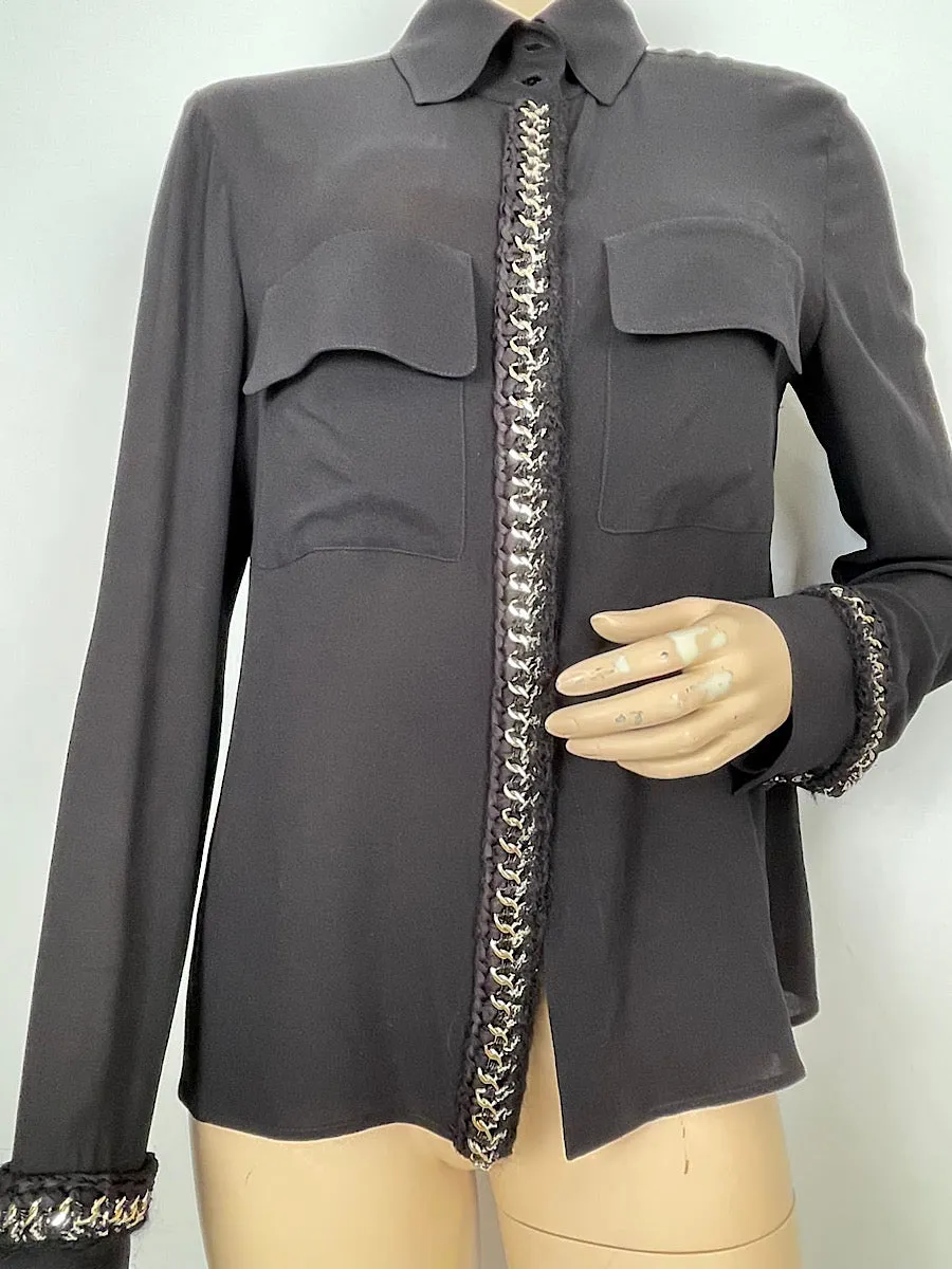 Chanel 11A, 2011 Fall black Blouse top w chain tweed trim FR 42 US 8