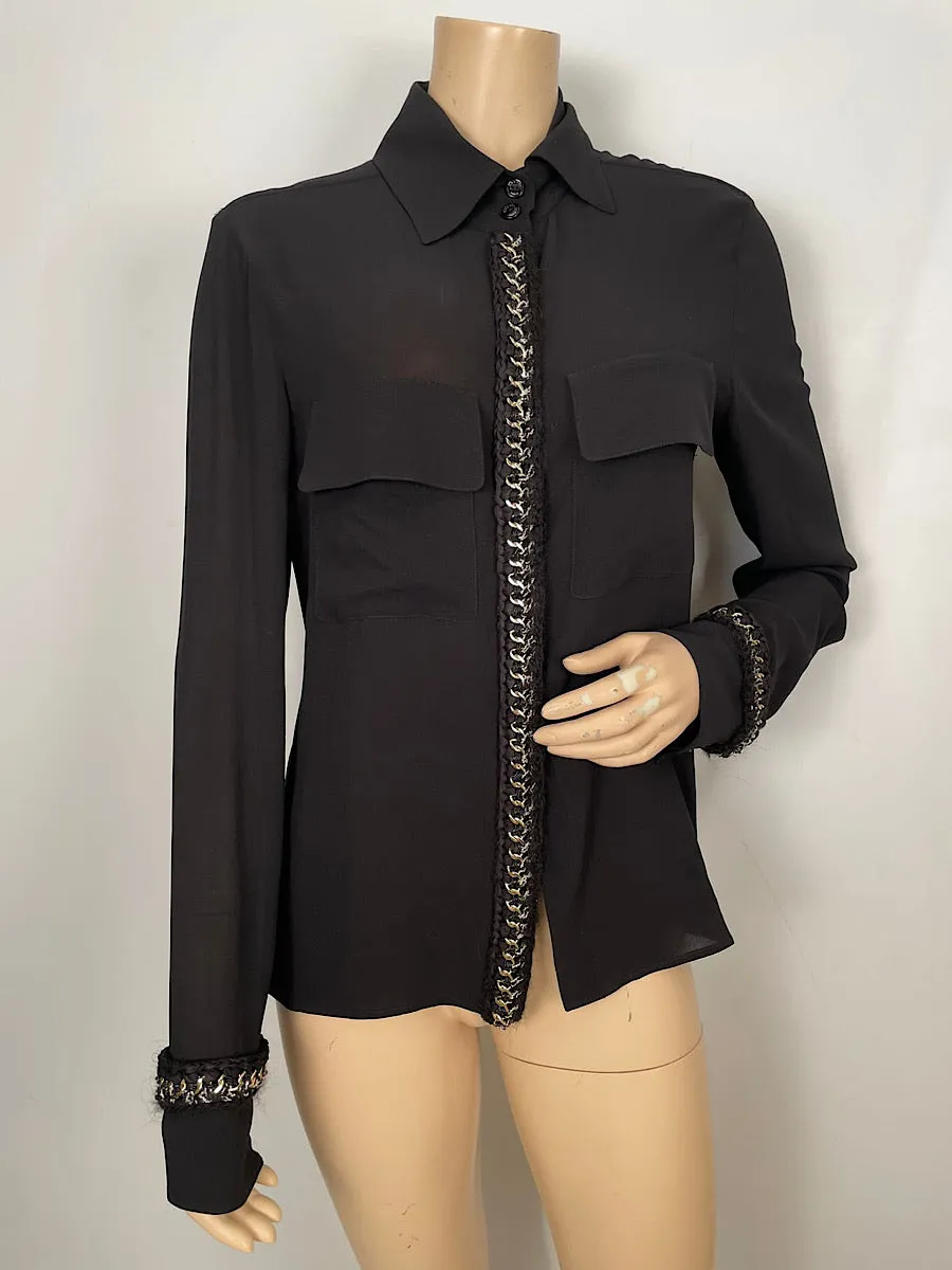 Chanel 11A, 2011 Fall black Blouse top w chain tweed trim FR 42 US 8