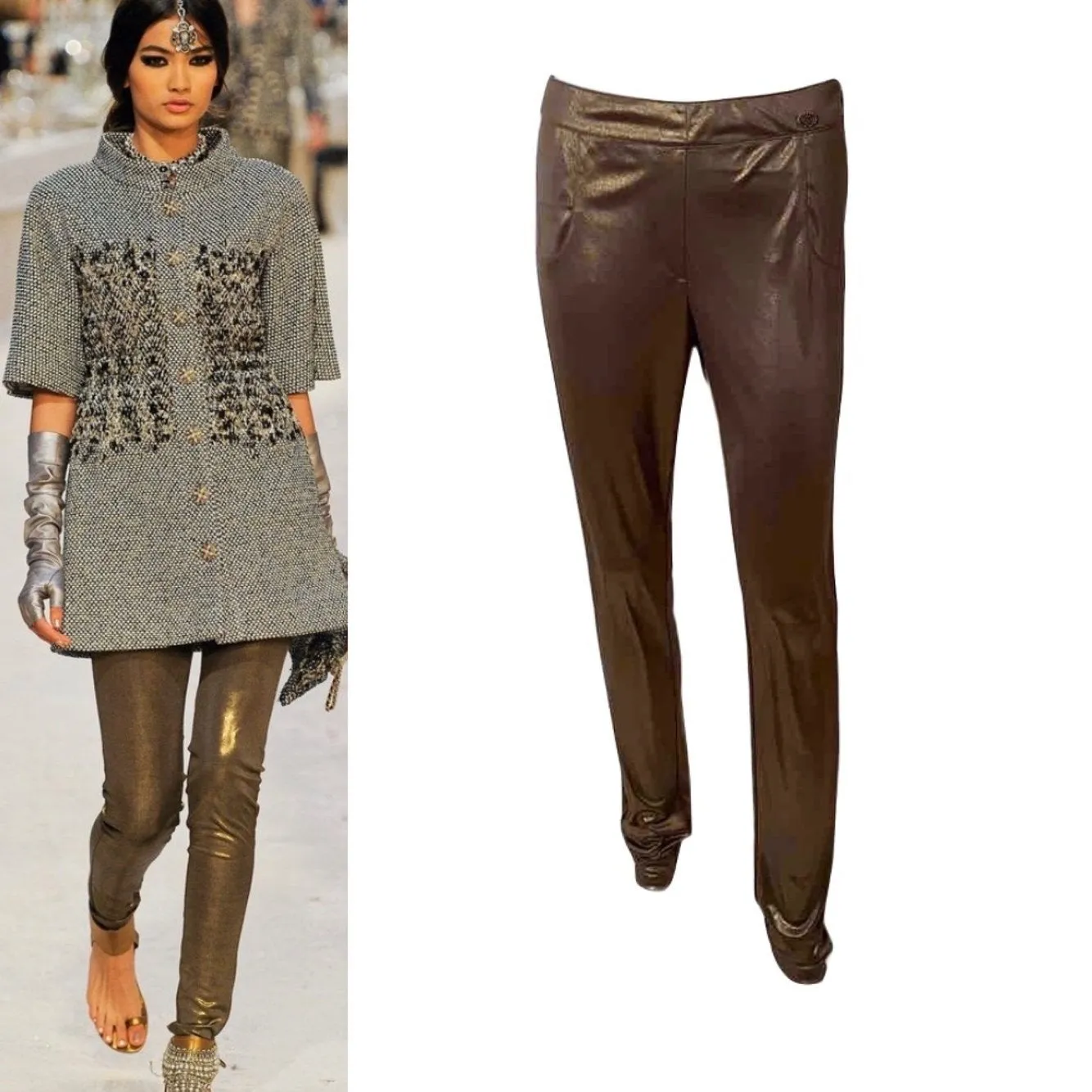 Chanel 12A, 2012 Fall Paris Bombay Stretchy Gold Metallic Pants Leggings FR 40 US 4/6