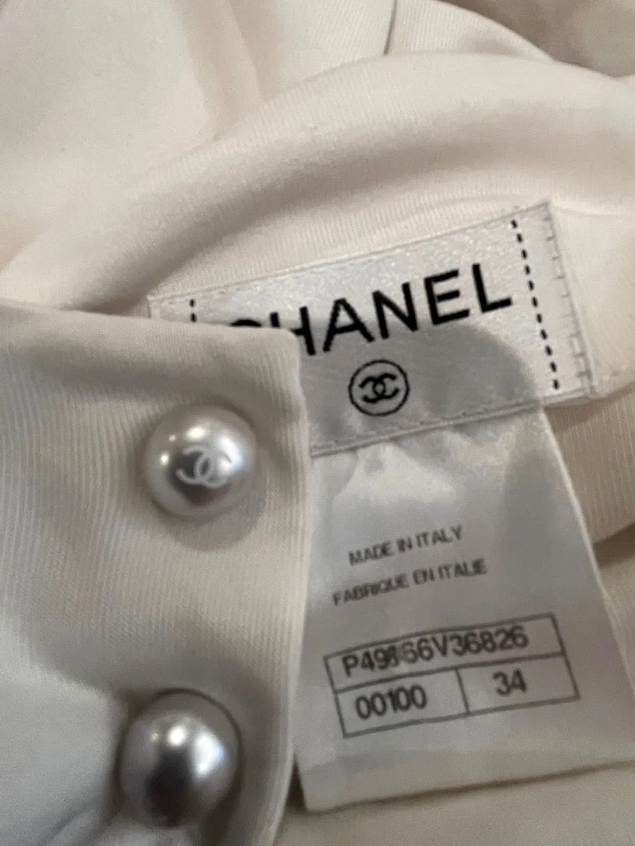 Chanel Satin Silk Pearl CC logo buttons Ivory Blouse FR 34