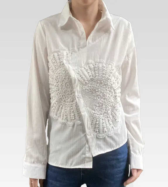 Chloe Pearl Lace Button Down Asymmetric Top