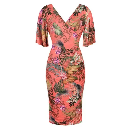 Coral Pink Tropical Floral Print Butterfly Sleeve Slinky Pencil Cocktail Dress