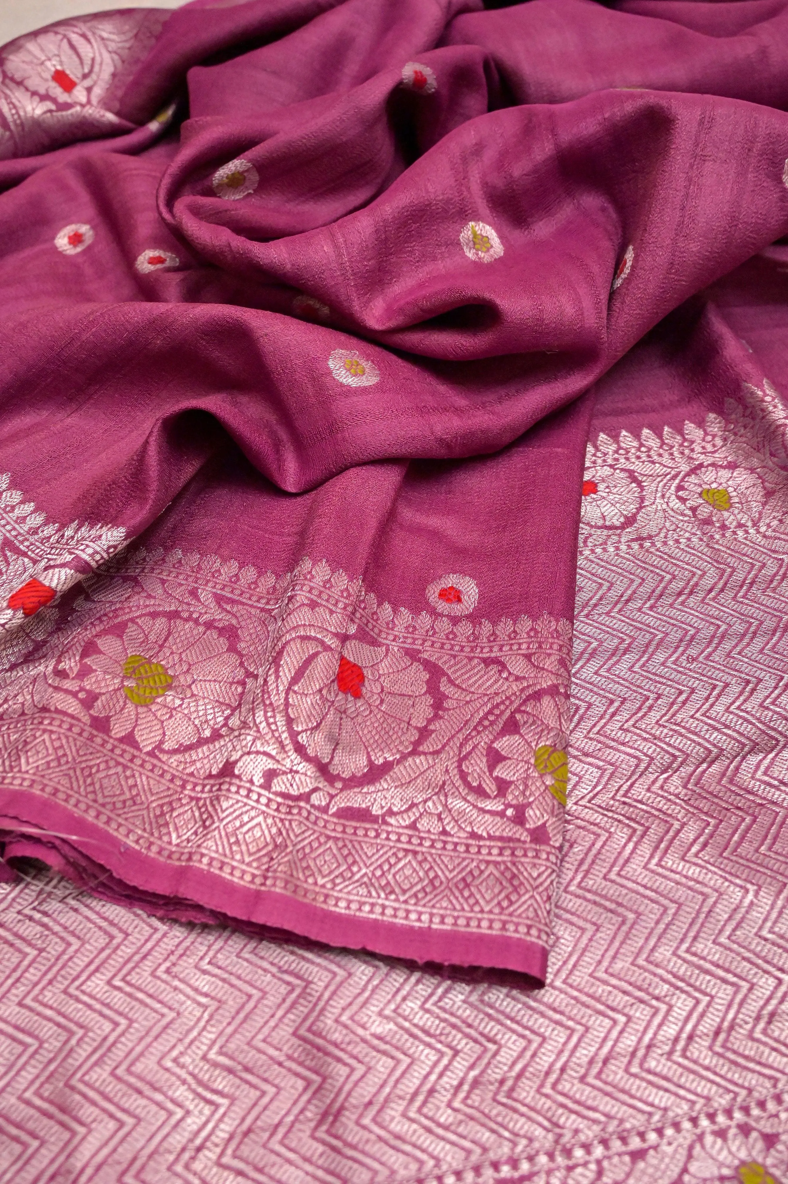 Cranberry Pink Color Pure Tussar Georgette Banarasi Saree with Silver Zari & Meenakari Work