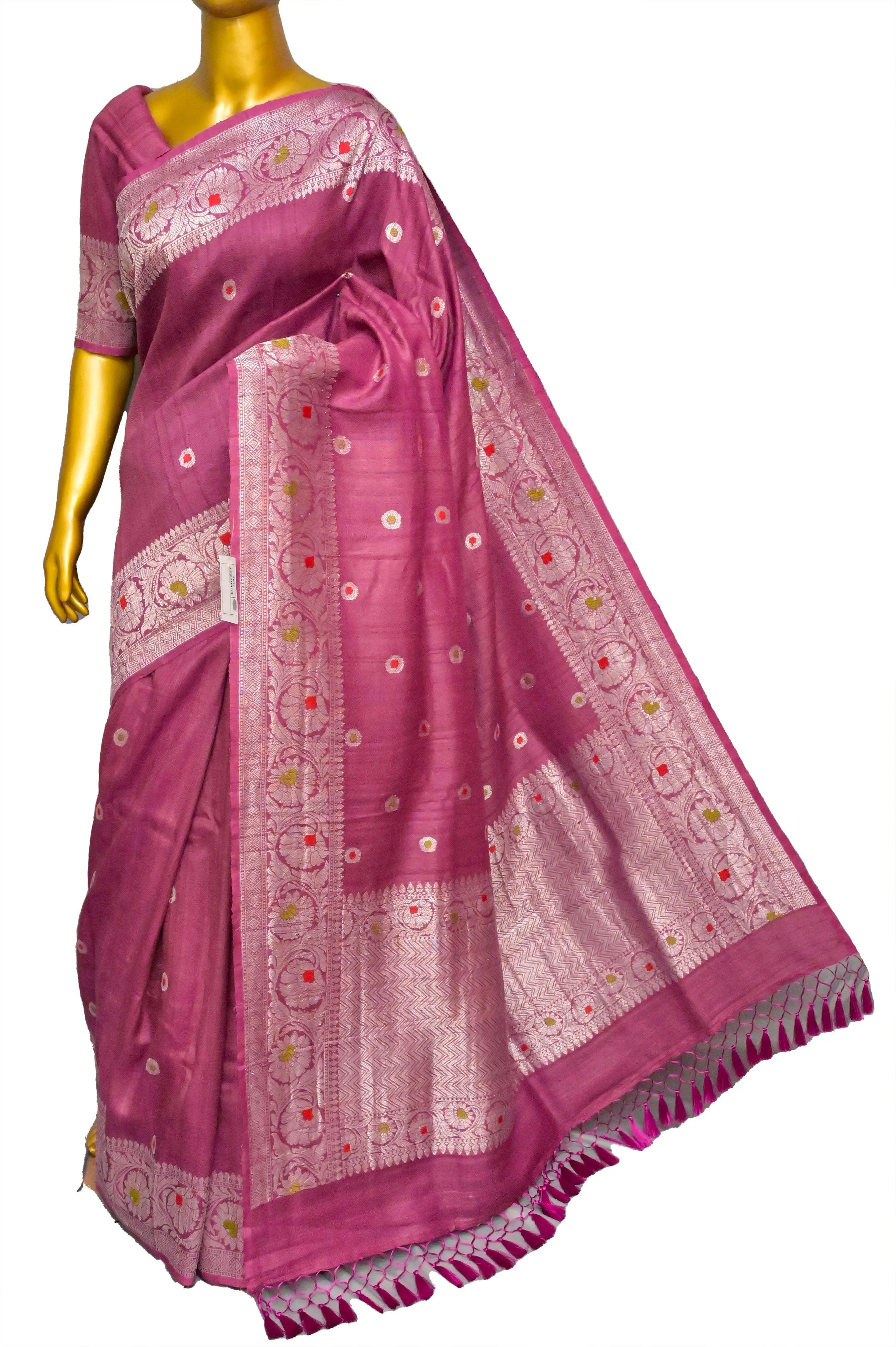 Cranberry Pink Color Pure Tussar Georgette Banarasi Saree with Silver Zari & Meenakari Work