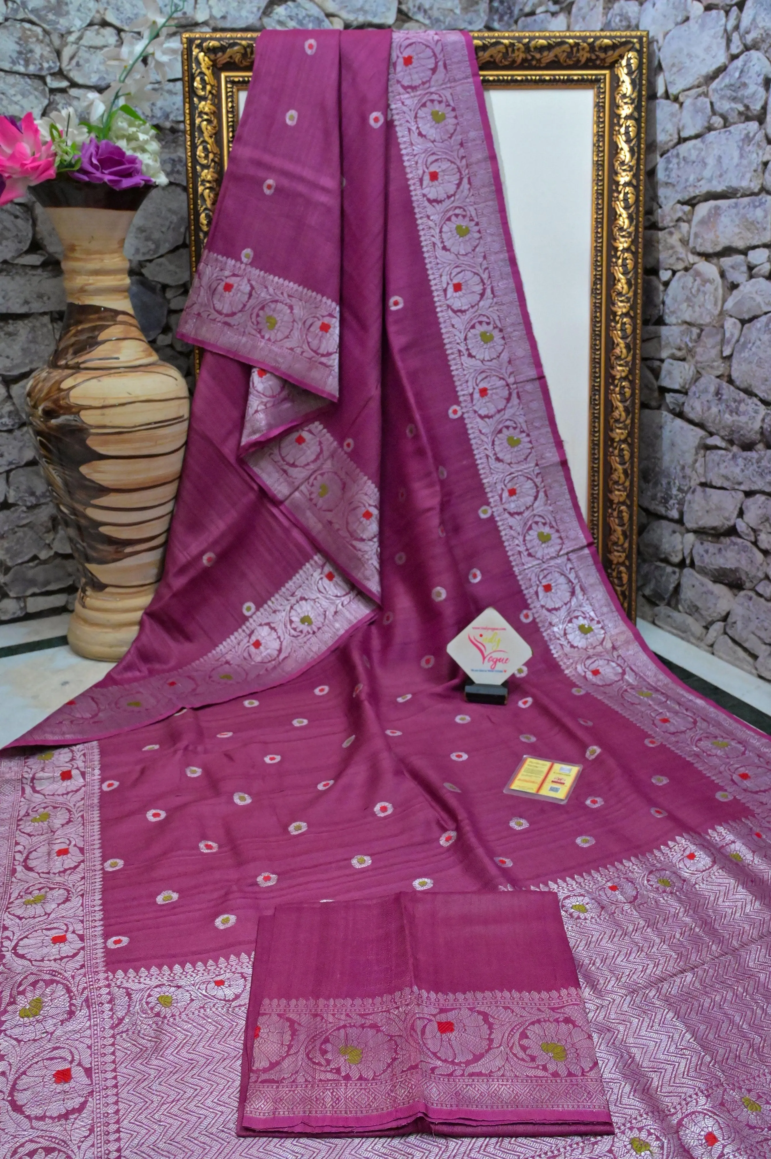 Cranberry Pink Color Pure Tussar Georgette Banarasi Saree with Silver Zari & Meenakari Work