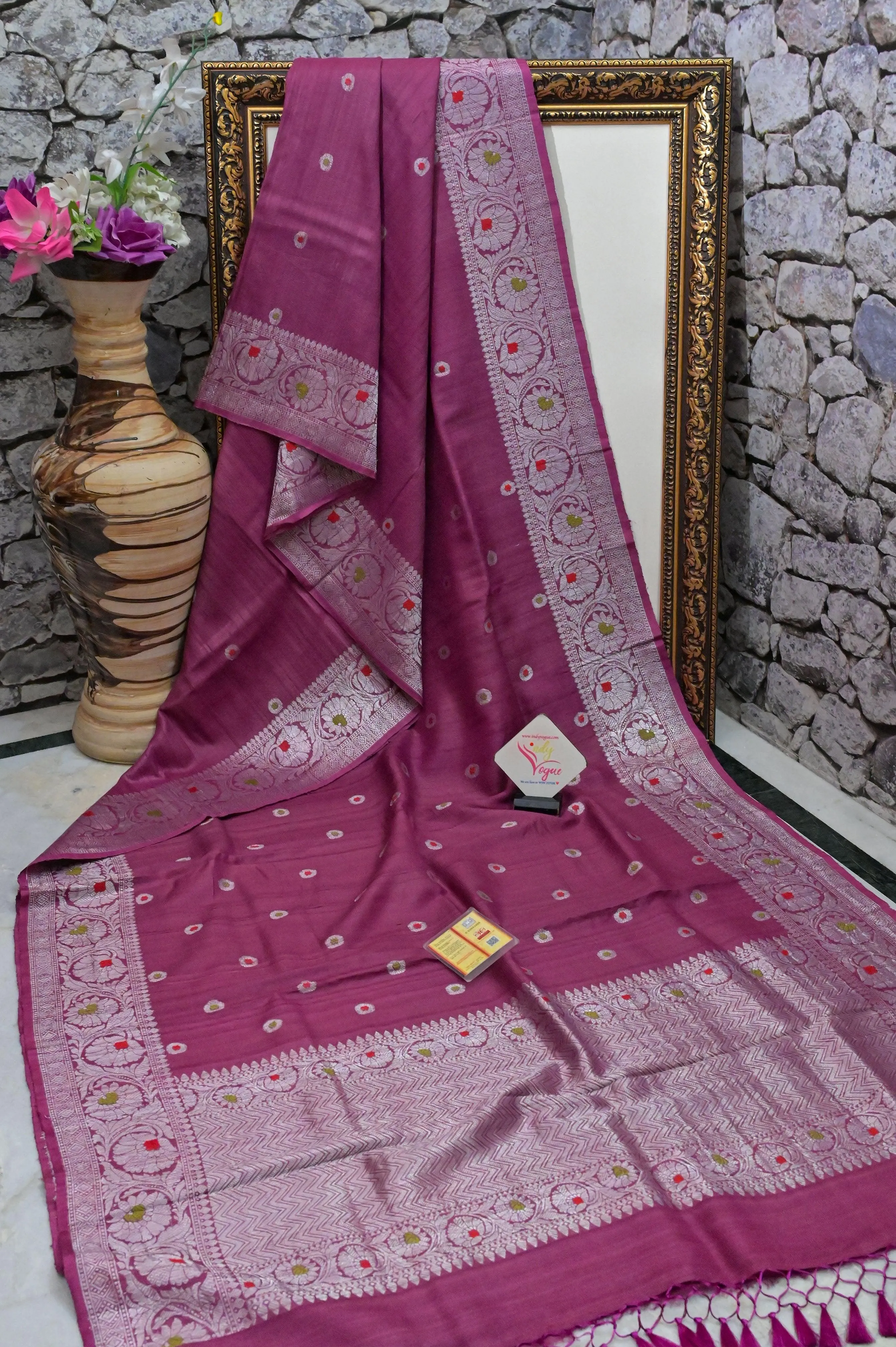 Cranberry Pink Color Pure Tussar Georgette Banarasi Saree with Silver Zari & Meenakari Work