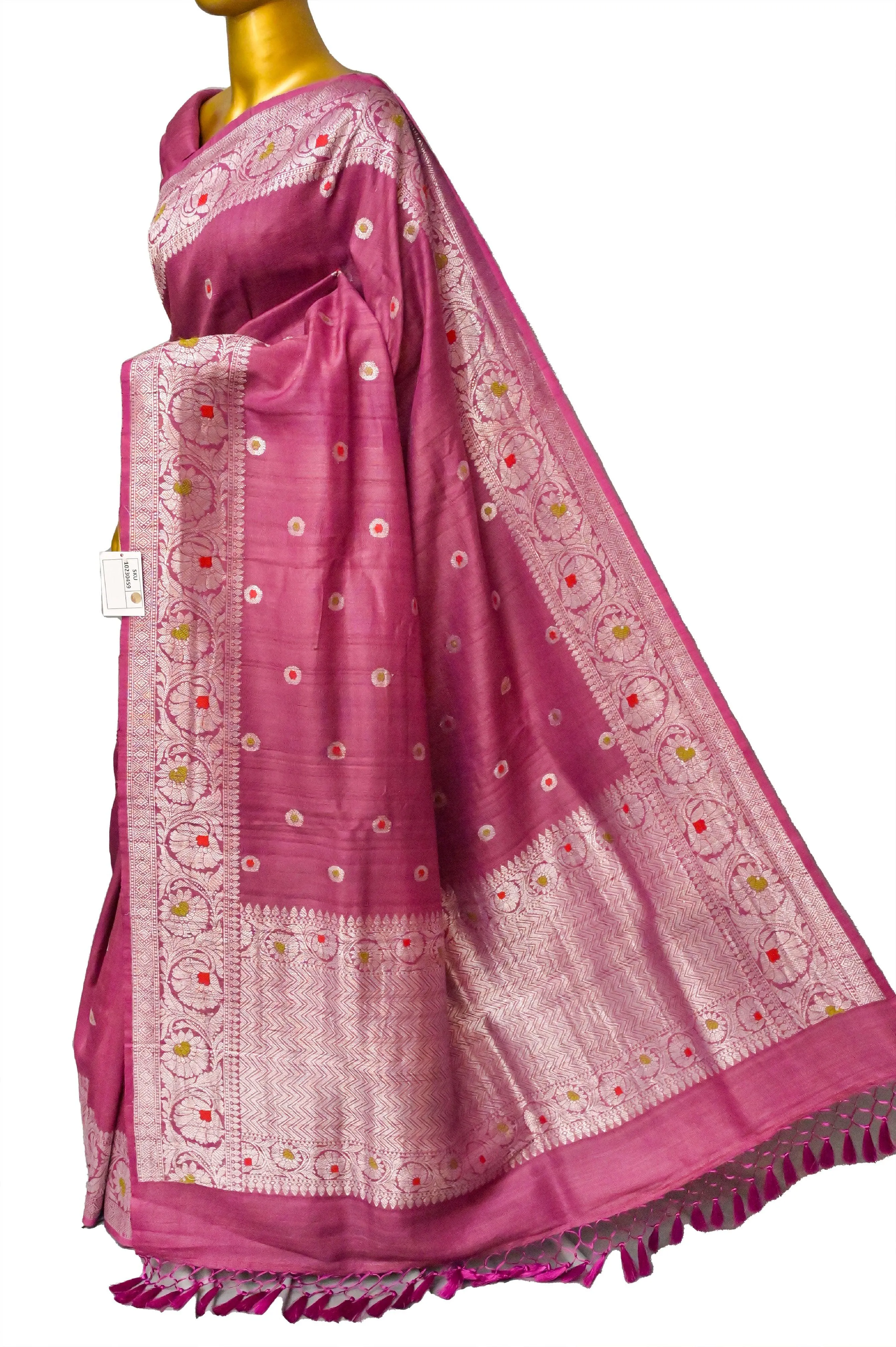 Cranberry Pink Color Pure Tussar Georgette Banarasi Saree with Silver Zari & Meenakari Work