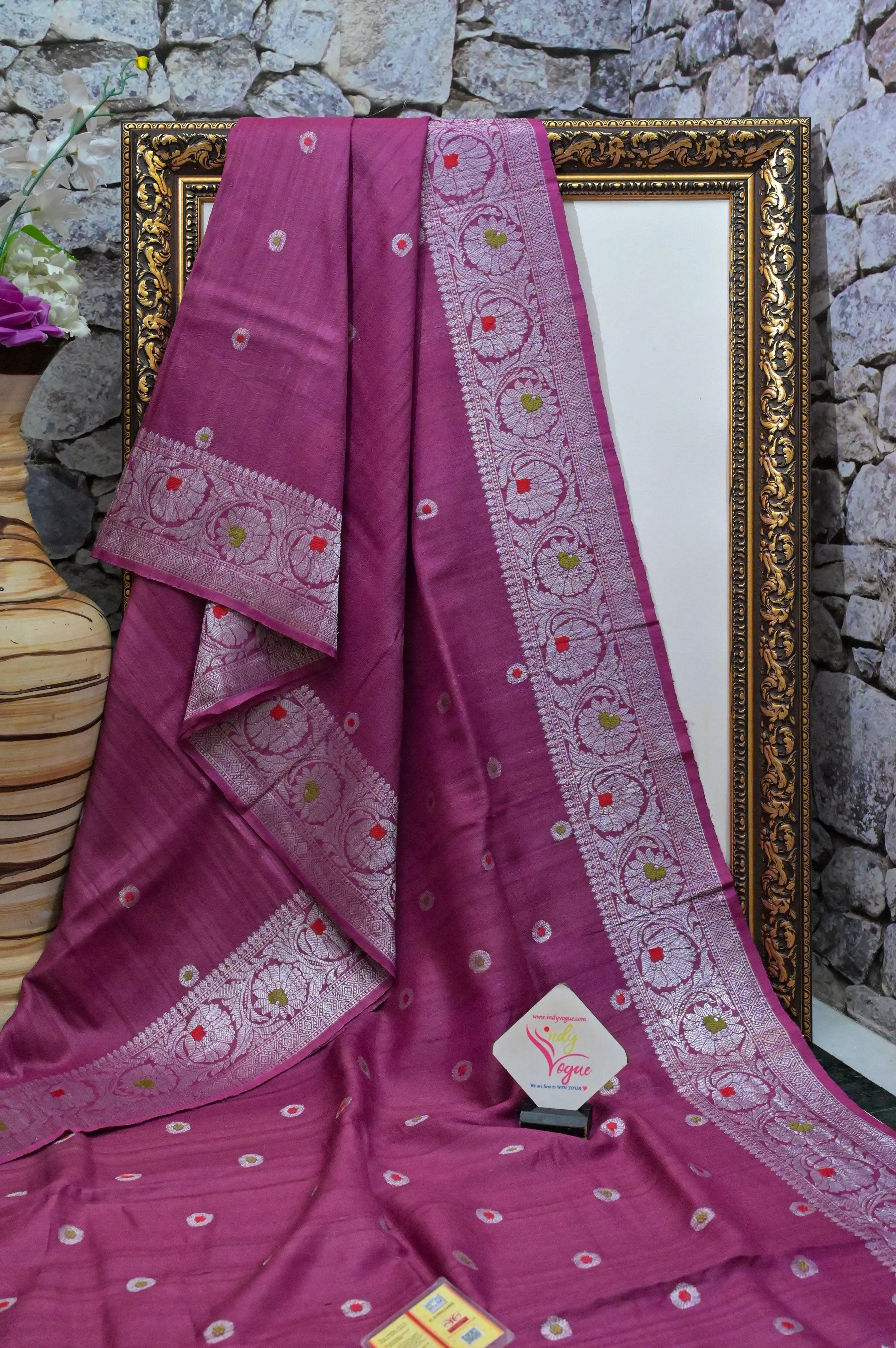 Cranberry Pink Color Pure Tussar Georgette Banarasi Saree with Silver Zari & Meenakari Work