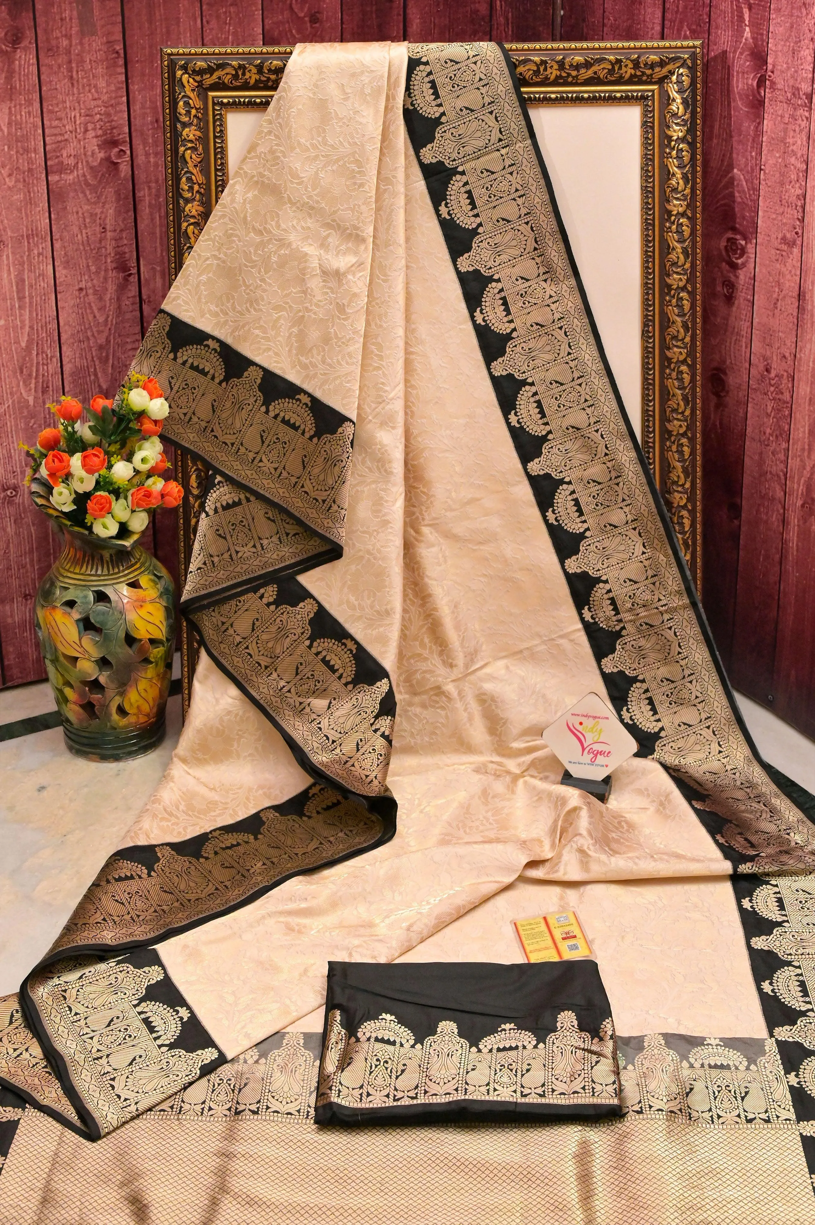 Cream and Black Color Katan Brocade Banarasi Saree with Black Border