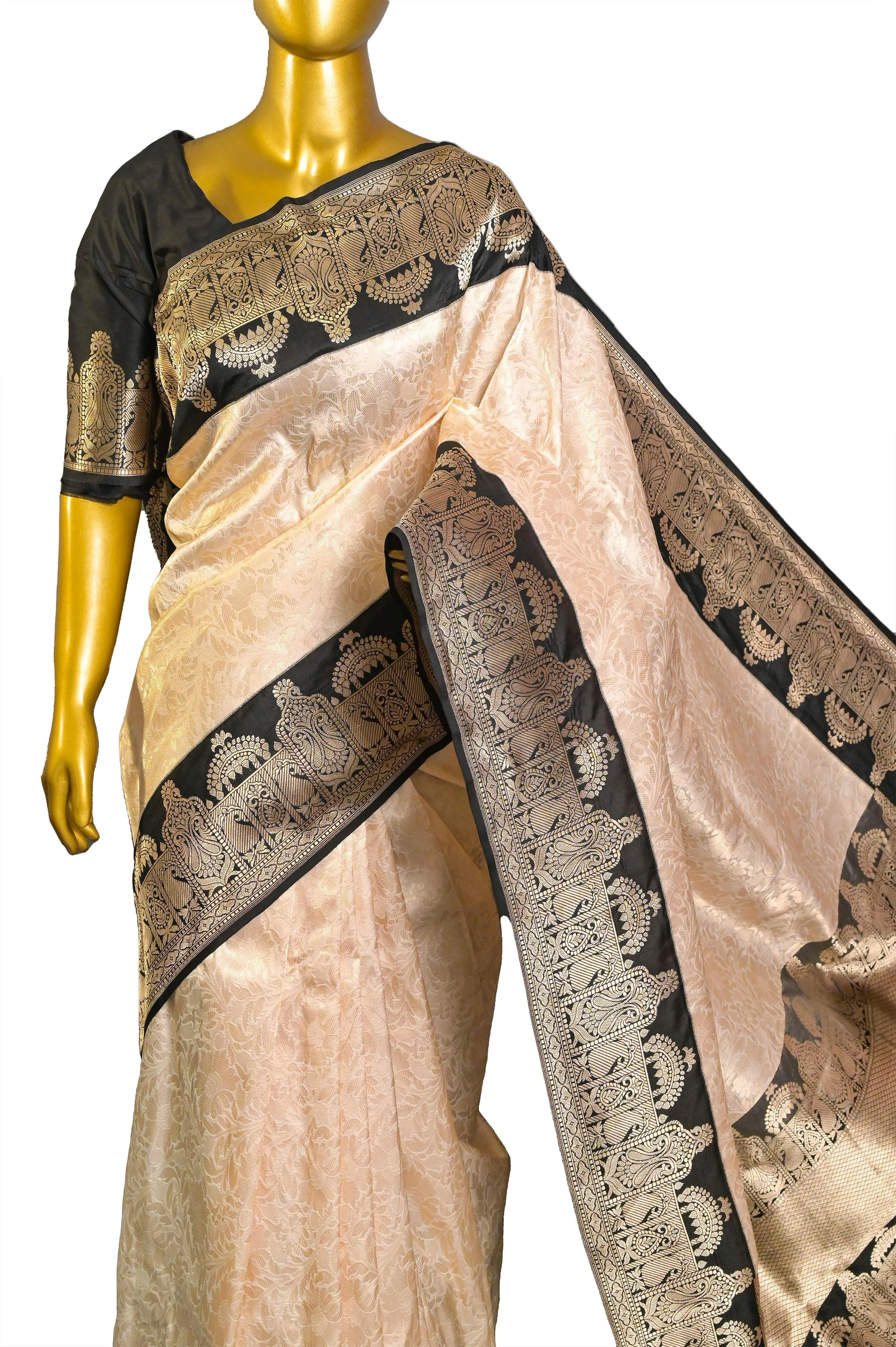 Cream and Black Color Katan Brocade Banarasi Saree with Black Border