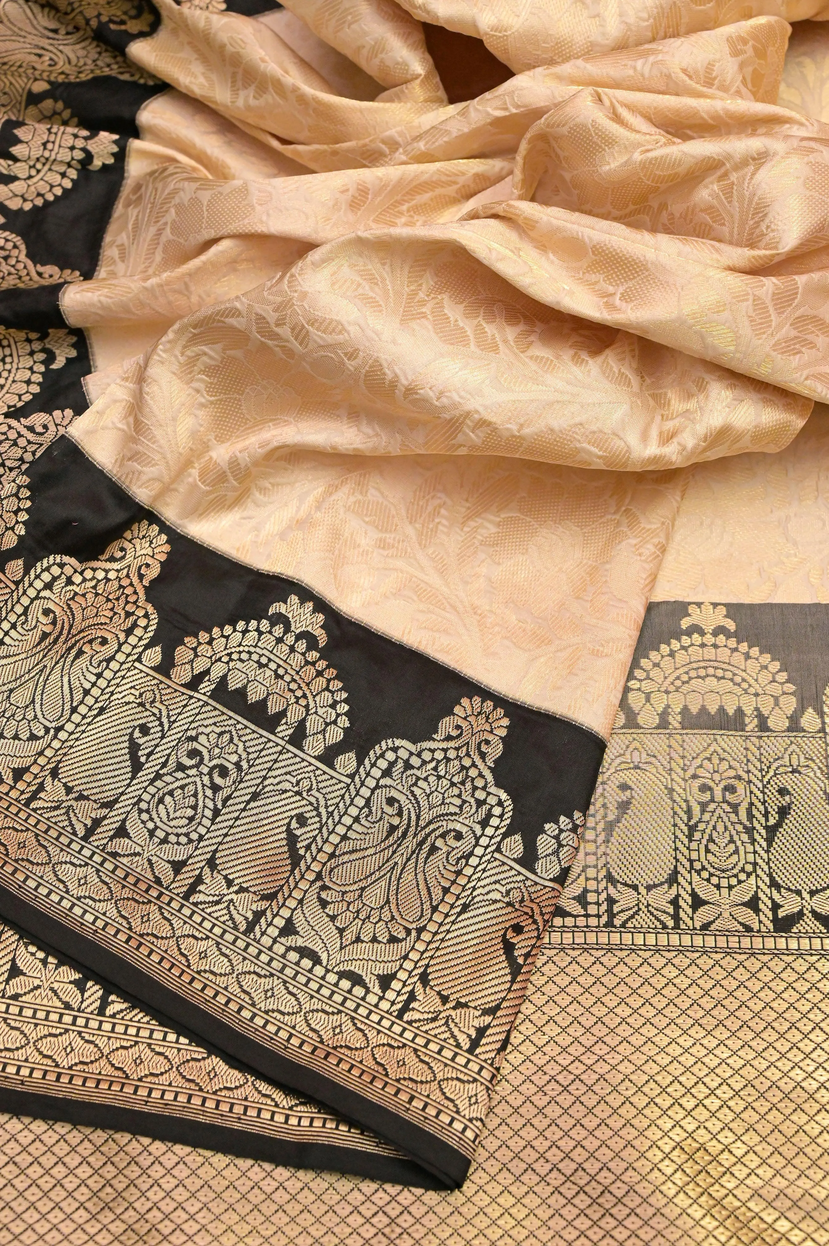 Cream and Black Color Katan Brocade Banarasi Saree with Black Border