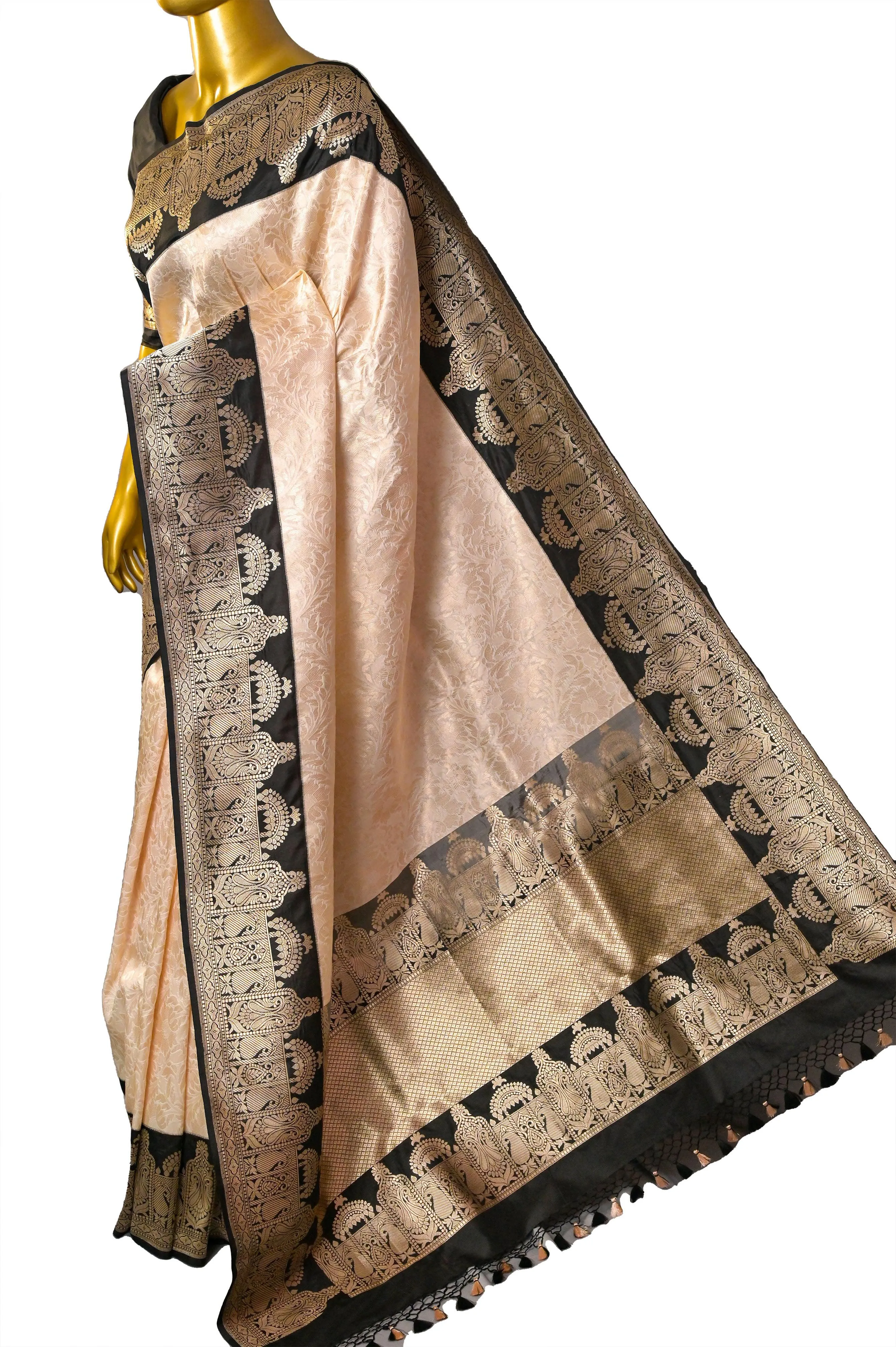 Cream and Black Color Katan Brocade Banarasi Saree with Black Border