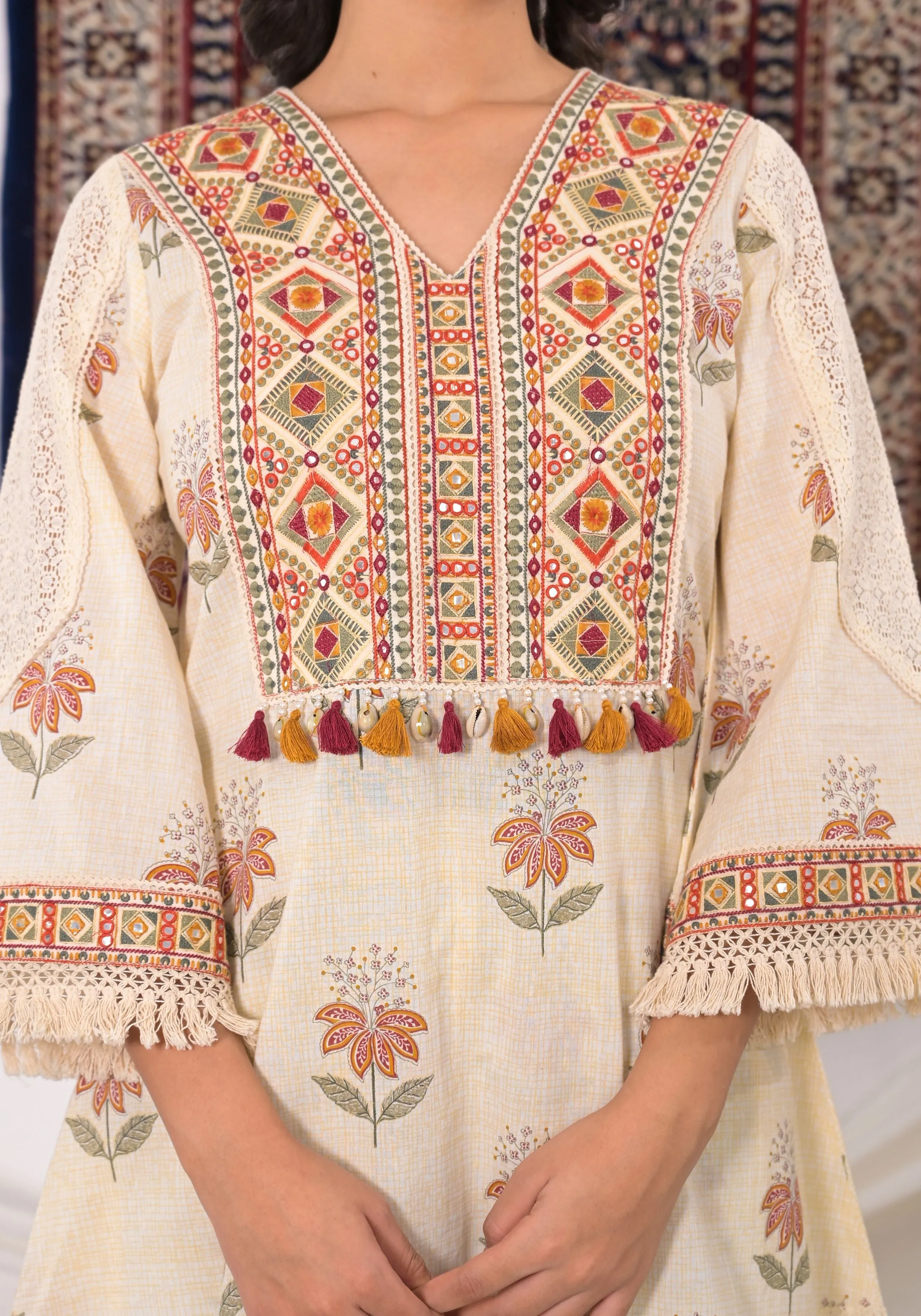 Cream Embroidered Cotton Silk Kurta & Pants Set