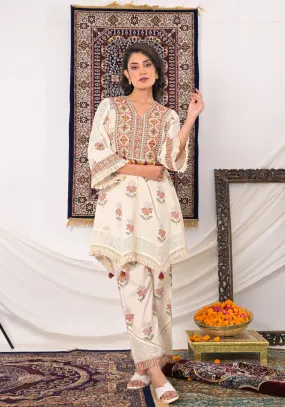 Cream Embroidered Cotton Silk Kurta & Pants Set