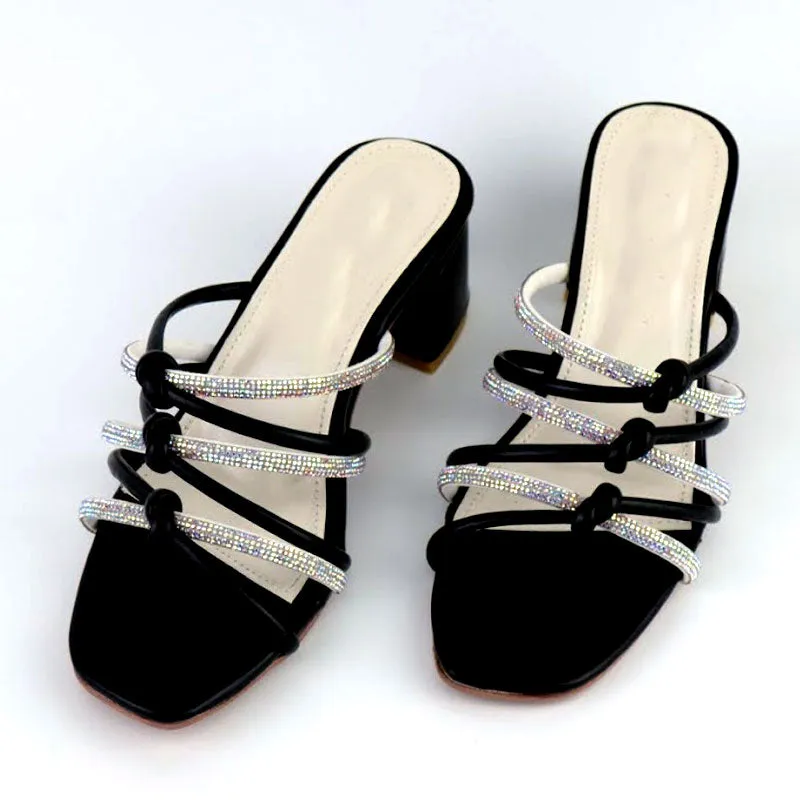 Criss Cross Knot Rhinestone Strap Women Chunky Heels Causal Sandal