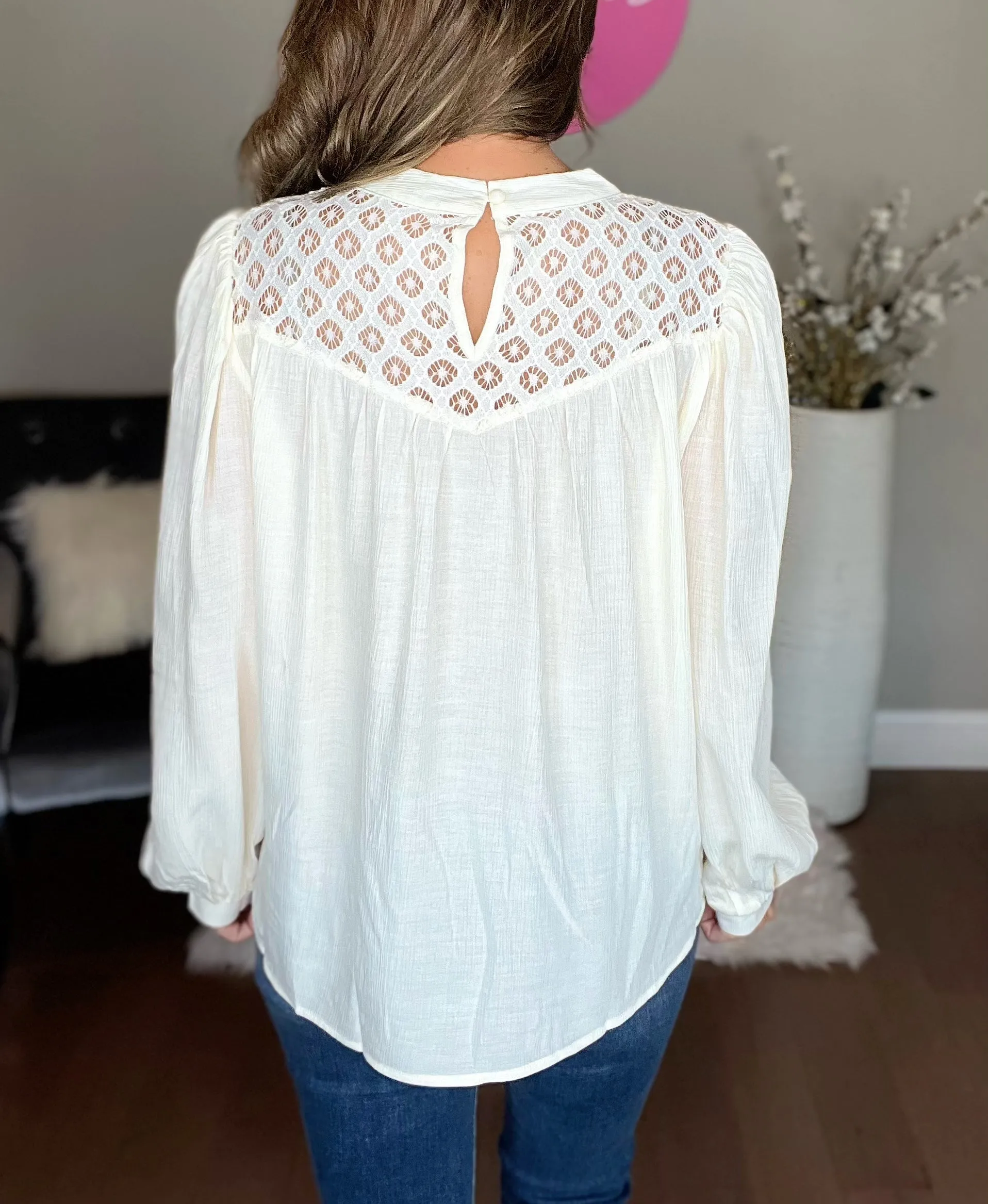 Crochet Lace Textured Balloon Sleeve Blouse with FREE EARRINGS