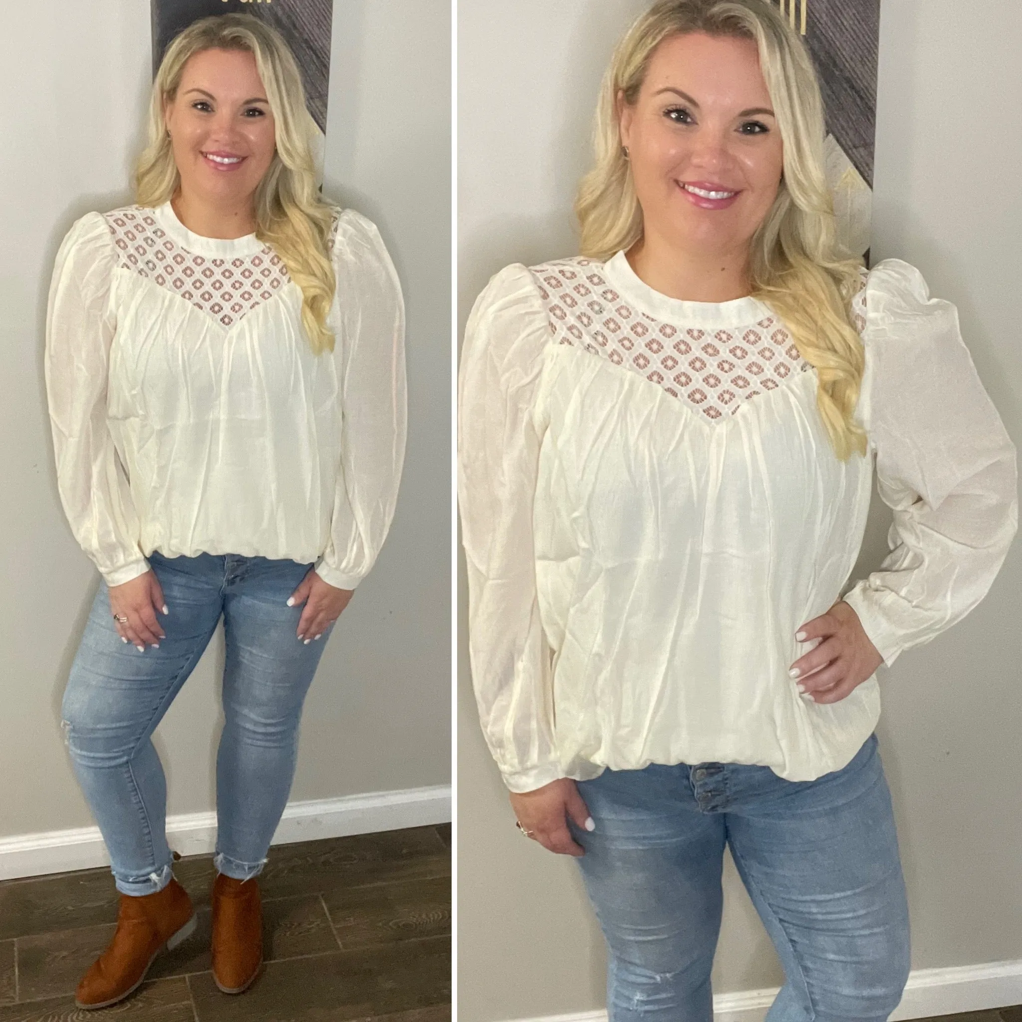 Crochet Lace Textured Balloon Sleeve Blouse with FREE EARRINGS