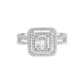 Cushion Cut Diamond Illusion Double Halo Double Band in Solid 18k White Gold