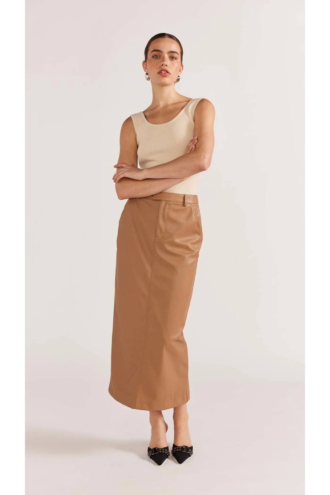 Cynthia PU Midi Skirt | Camel