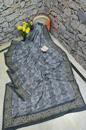 Dark Grey Color Bhagalpuri Silk with Shibori Print and Embroidery Work