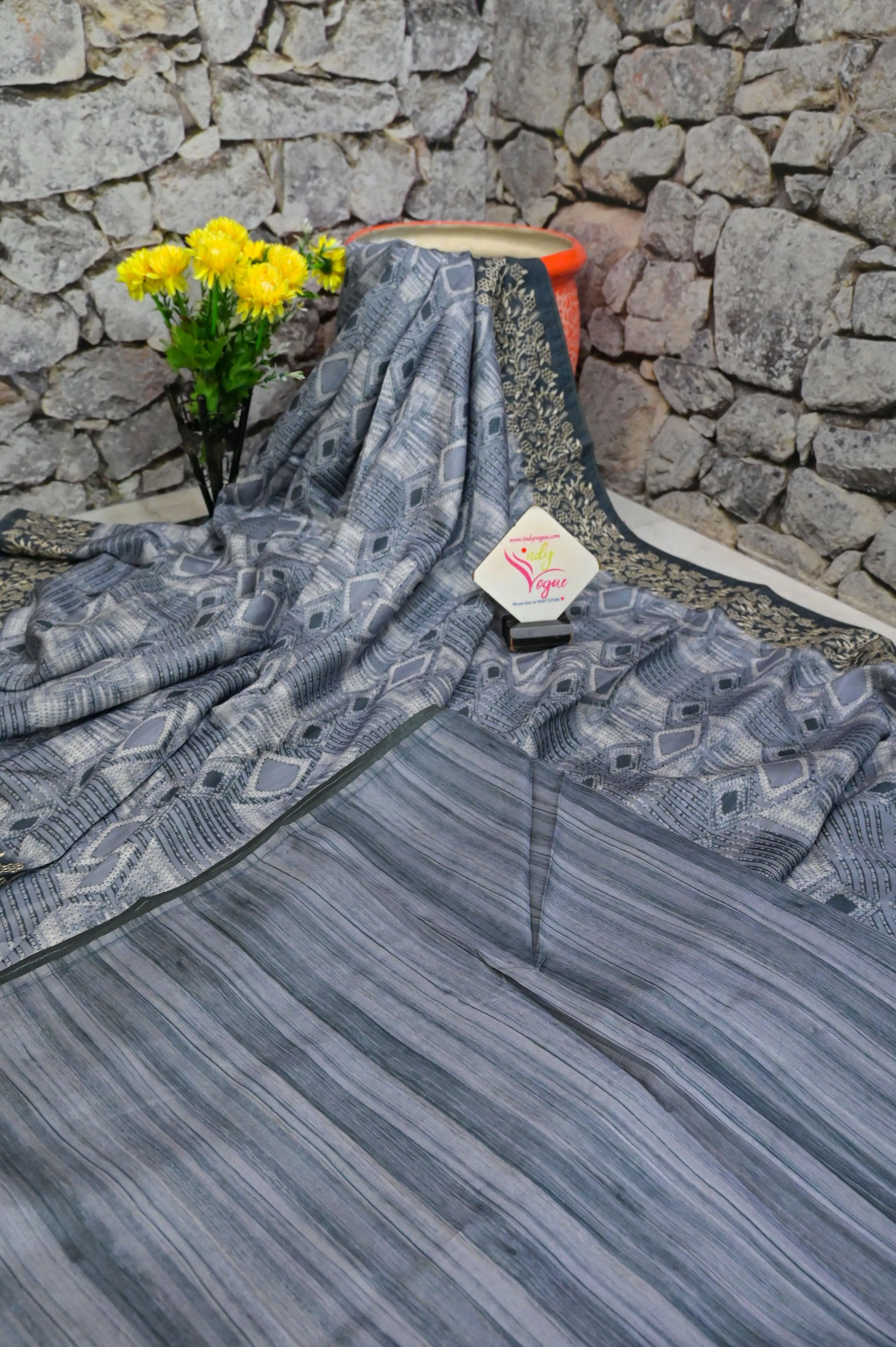 Dark Grey Color Bhagalpuri Silk with Shibori Print and Embroidery Work