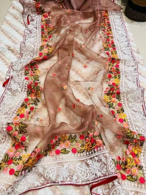 Dazzling Brown Colored Chikankari Work In Pallu Viscose Border Sarees For Women