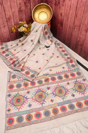 Dust Cream Color Cotton Tissue Saree with Lambani Embroidery