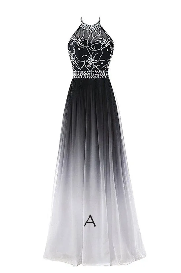 Elegant Black And White Ombre Chiffon A Line Backless Halter Beading Lace Up Long Prom Dresses