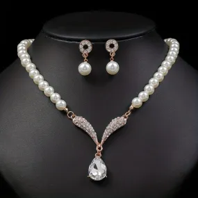 Elegant Faux Pearl Necklace and Earrings Set for Women - Perfect Bridal Dress Accessory in Golden and Silver Alloy