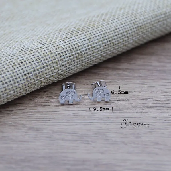 Elephant Sterling Silver Post Stud Earrings with C.Z Heart