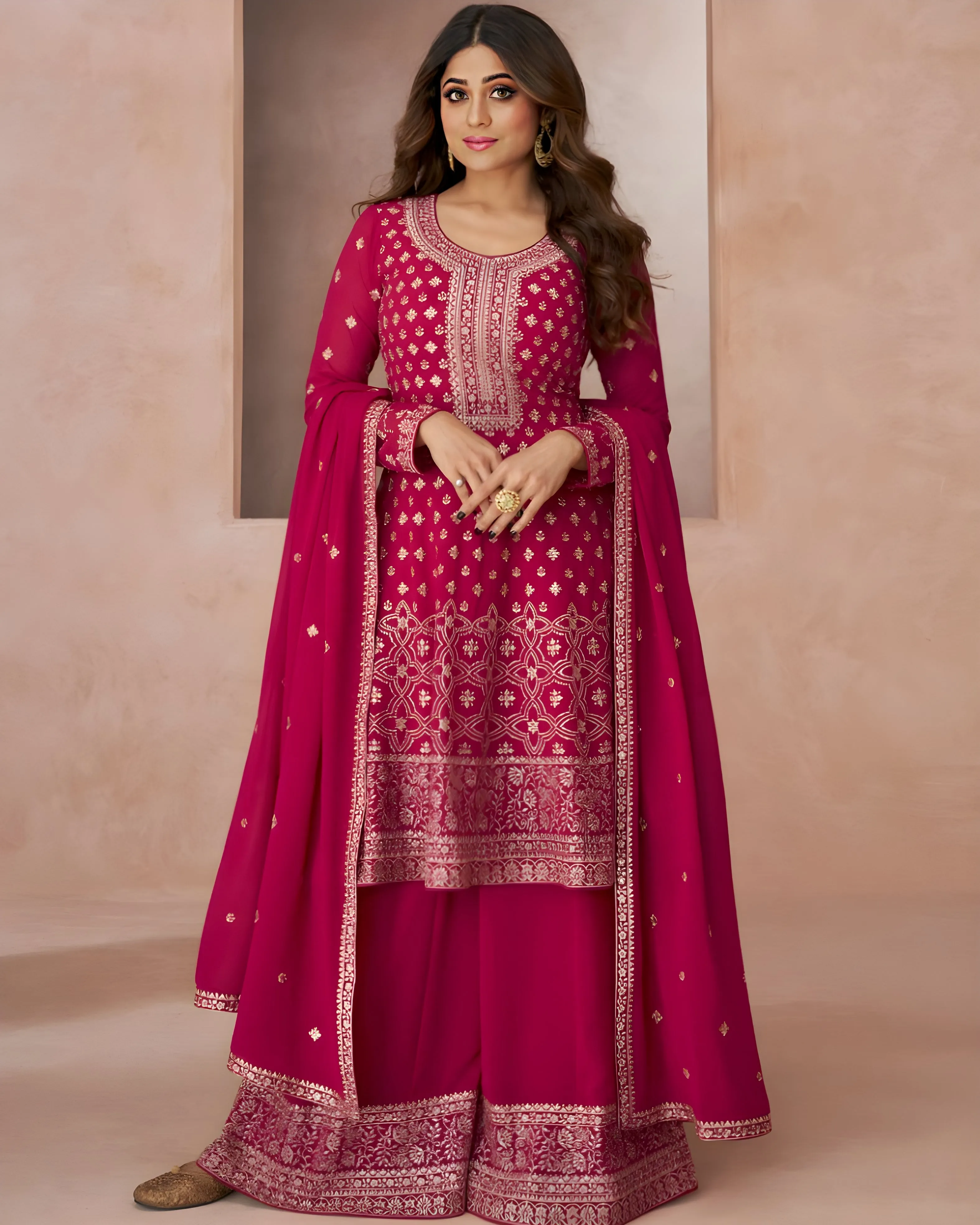 Embroidered Georgette Palazzo Suits Red