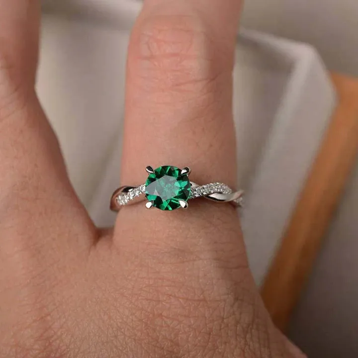 Emerald Green Sterling Silver Engagement Ring With Twist Band