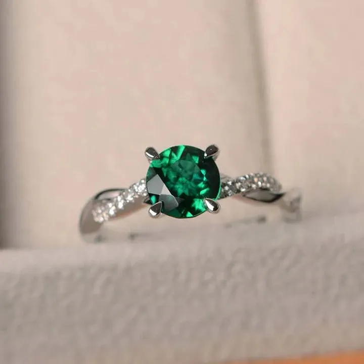 Emerald Green Sterling Silver Engagement Ring With Twist Band