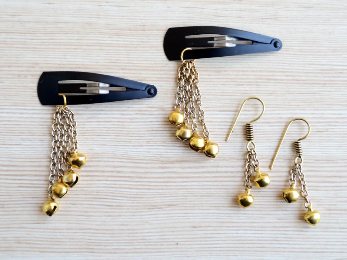 Ethnic Set of 2 Earrings with Hair Clips Bells Boho Jewelry Teen Kids Wedding Jewelry Gold