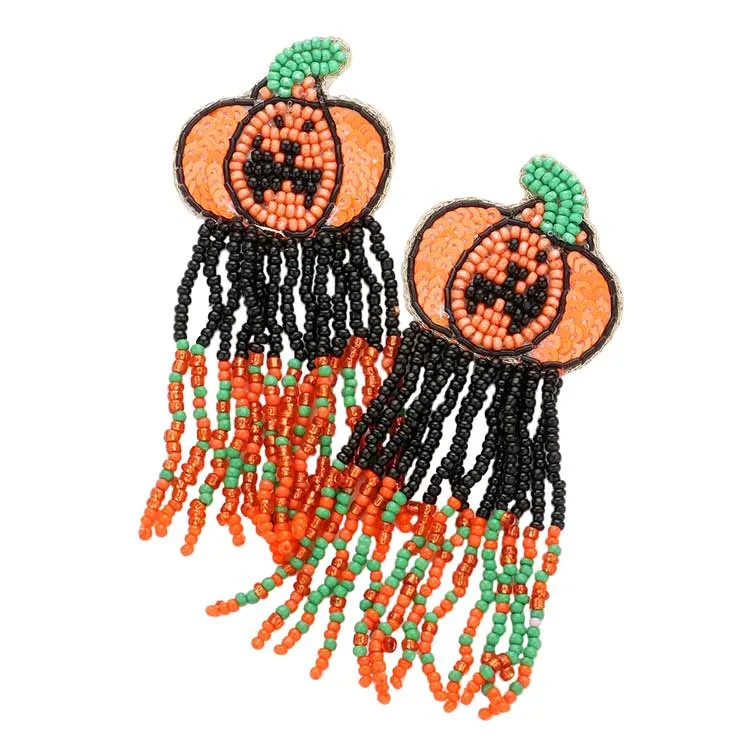 Felt Back Sequin Pumpkin Seed Beaded Fringe Dangle Earrings