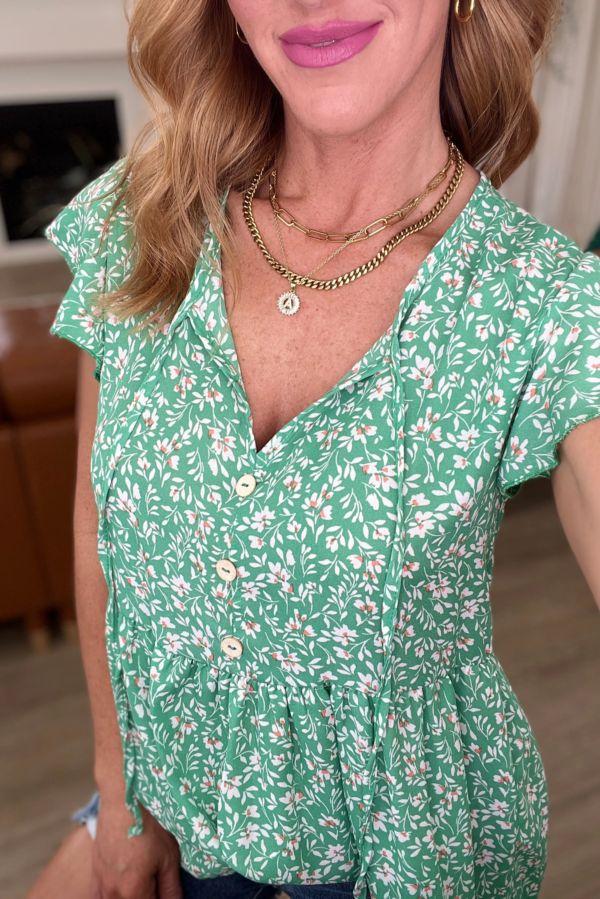 Flirty and Thriving Floral Flutter Sleeve Top in Green