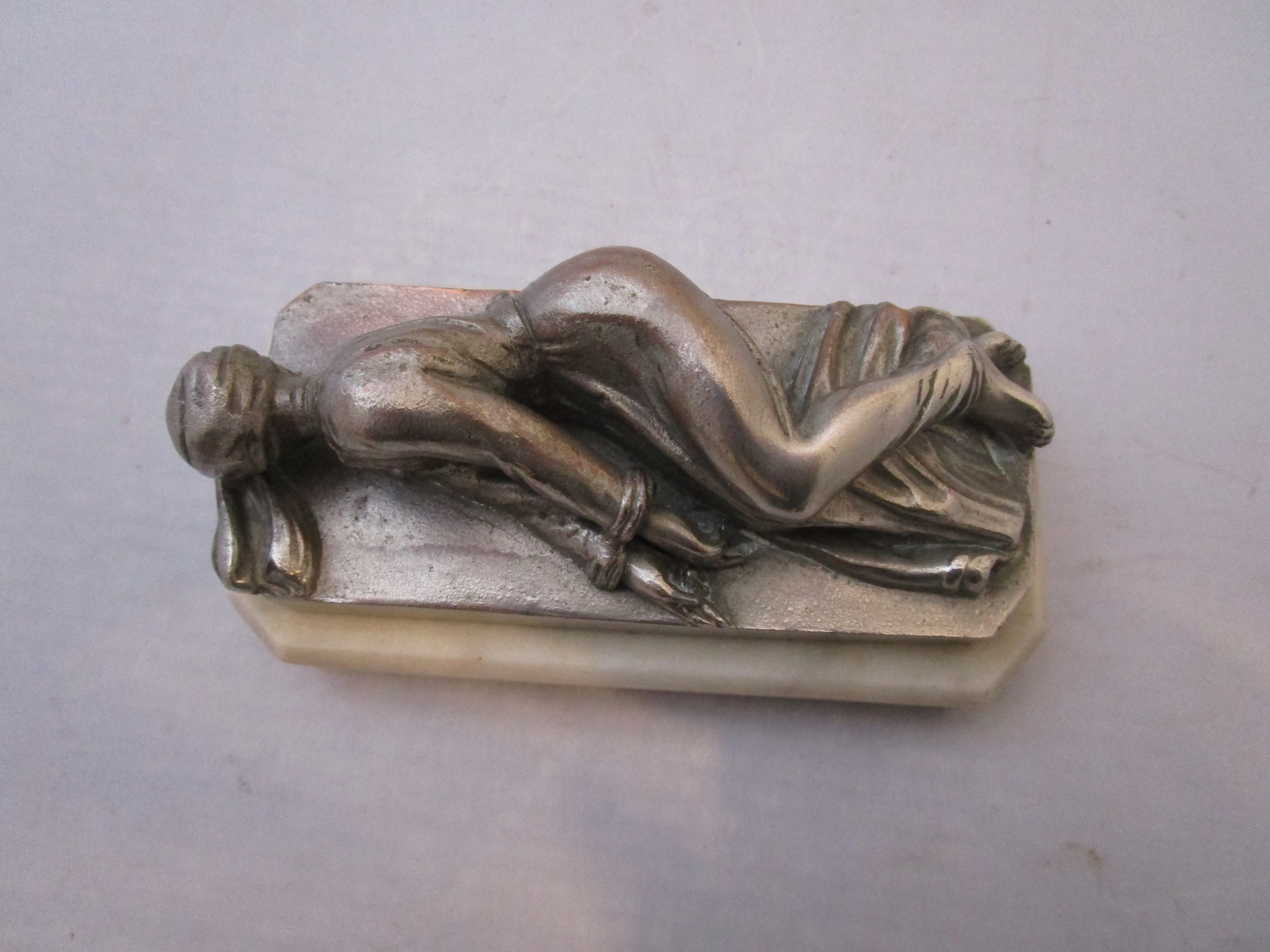 French Silver Plate On Marble Saint Cecilia Paperweight Vintage Art Deco c1930