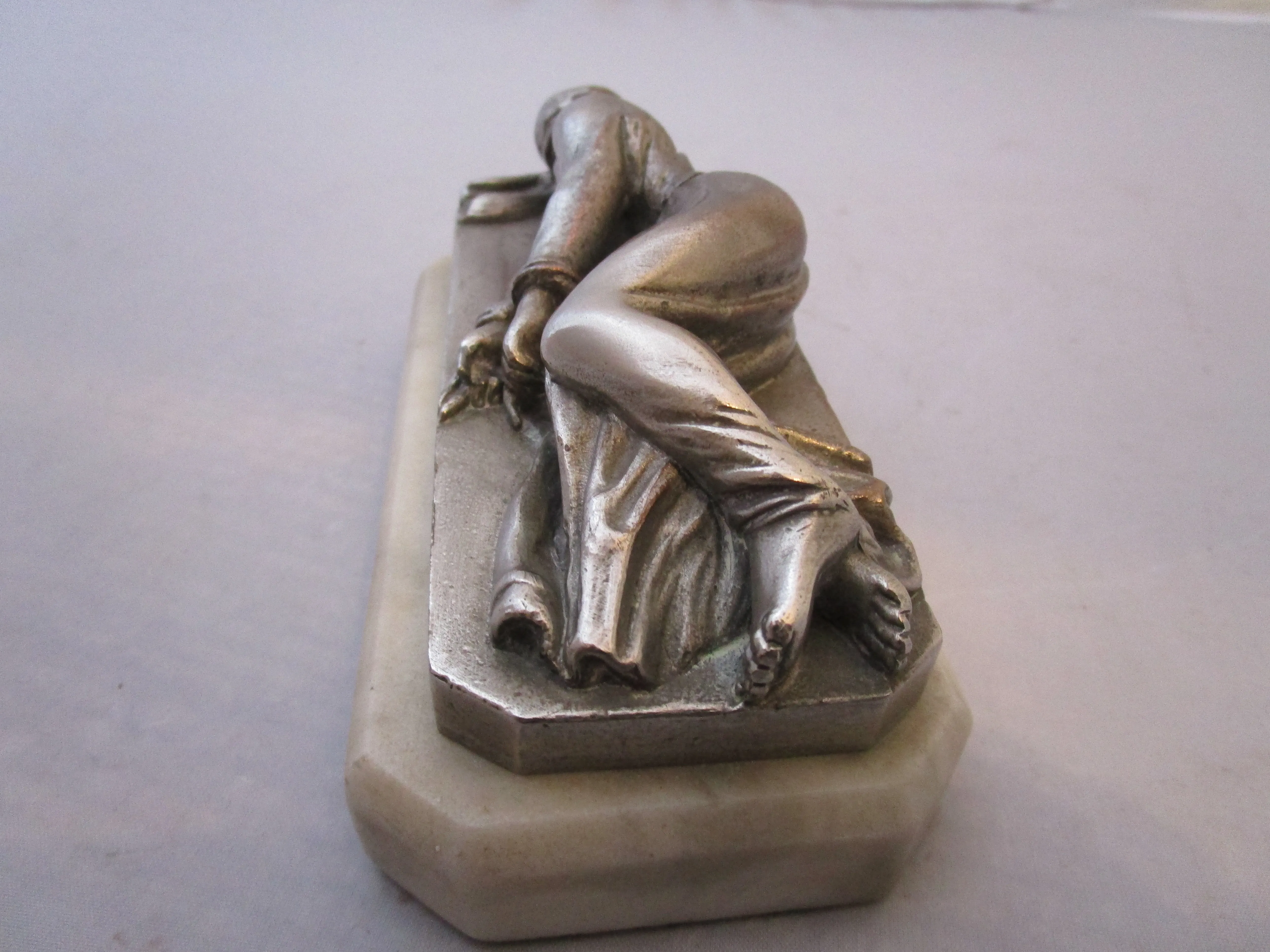 French Silver Plate On Marble Saint Cecilia Paperweight Vintage Art Deco c1930