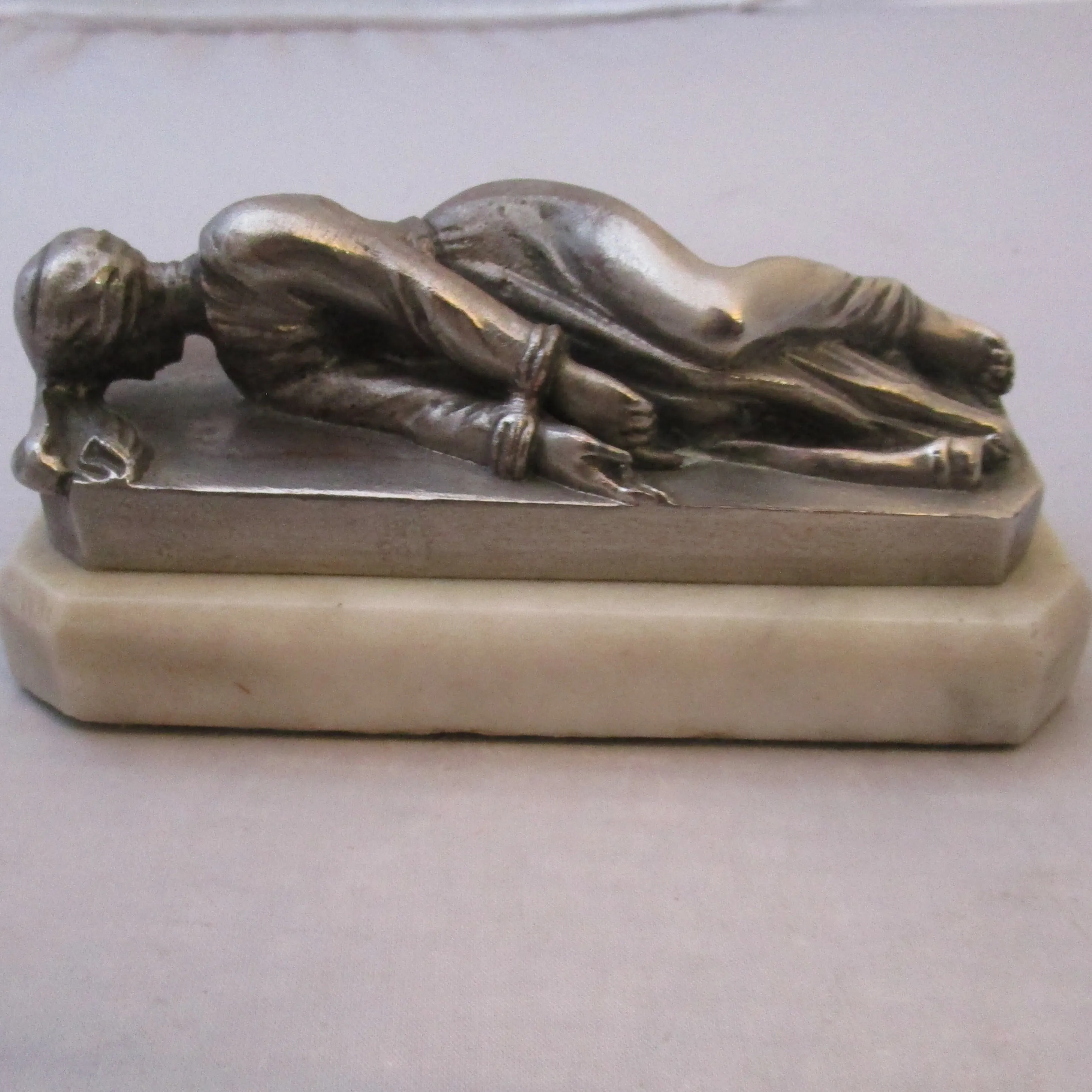 French Silver Plate On Marble Saint Cecilia Paperweight Vintage Art Deco c1930