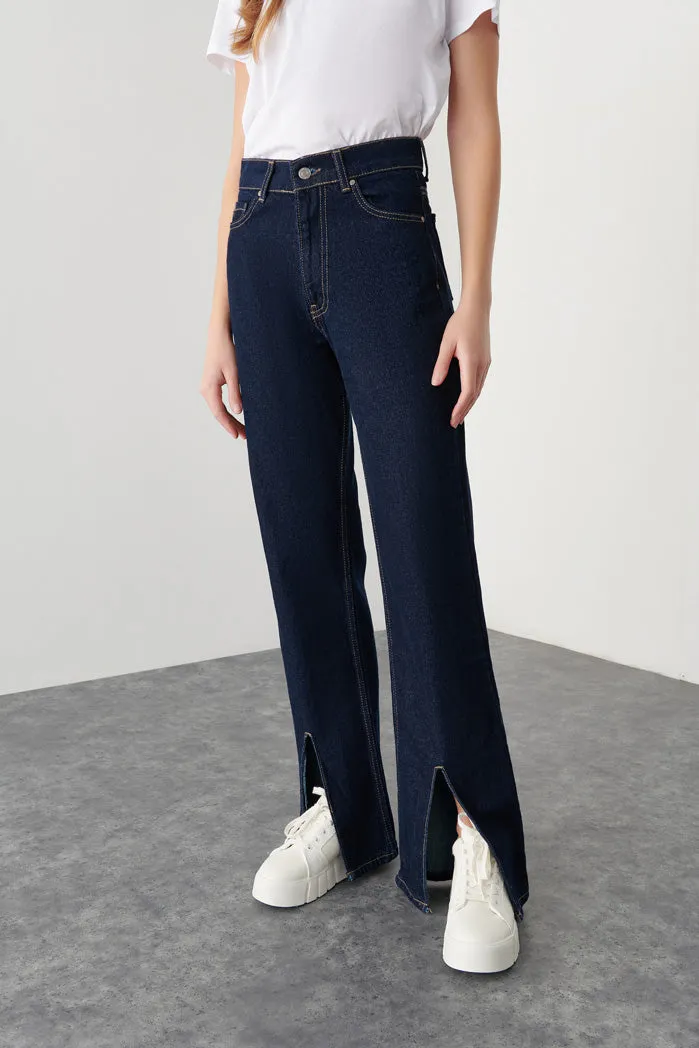 Front Slit Hem Solid Denim Jeans