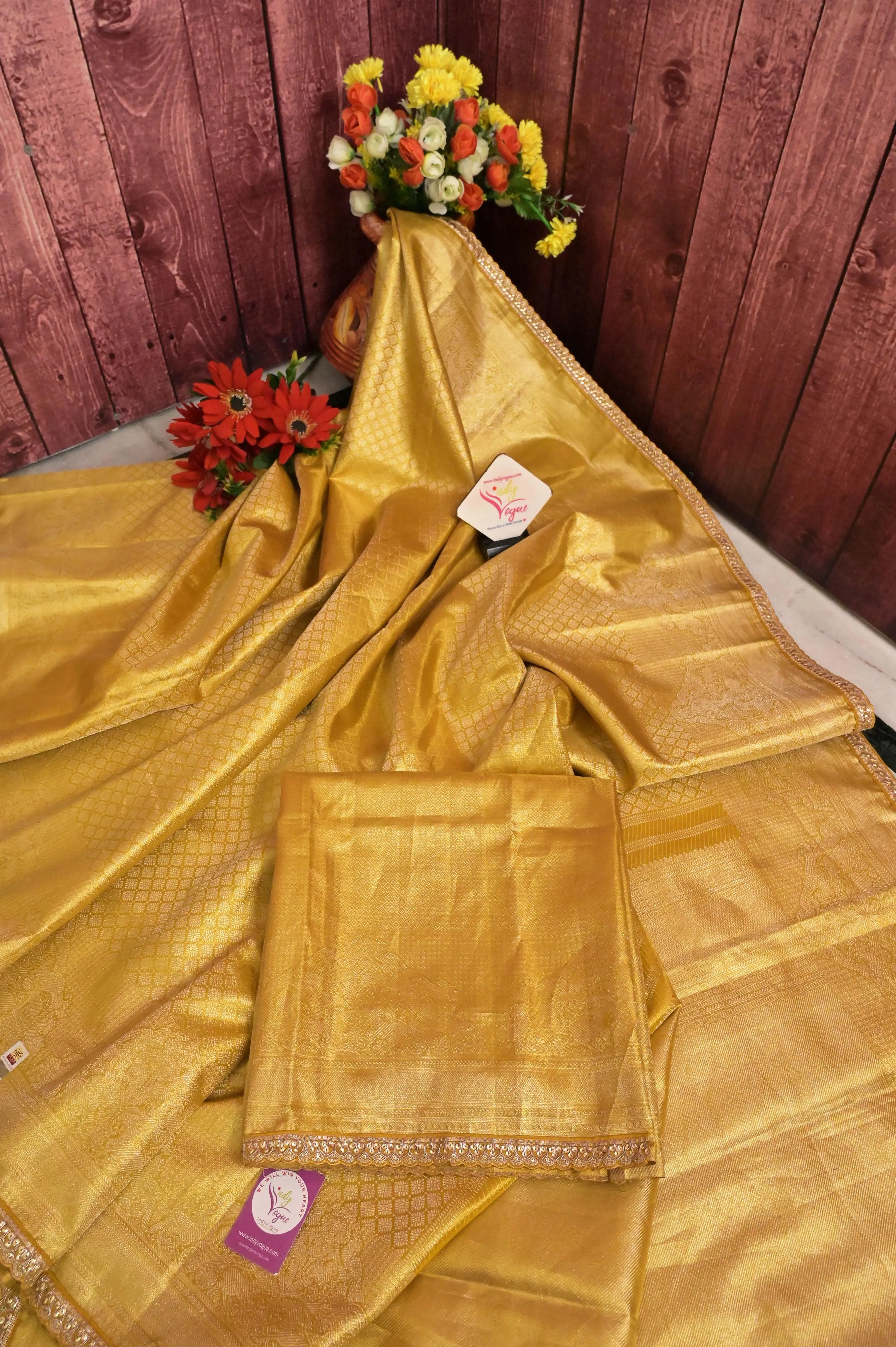 Golden Color Pure Brocade Kanjeevaram Silk Saree